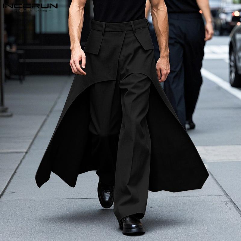 INCERUN Men Spring High Waist Back Ruffled Layers Solid Color Casual Long Straight Pants