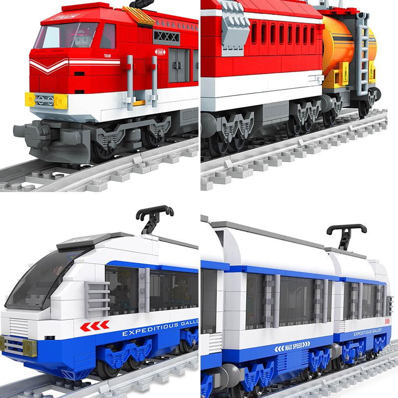 Ausini City Train Model Building Blocks Wagon Cargo Carriage Passenger Train Station Rail Tracks Locomotive Construction Toys