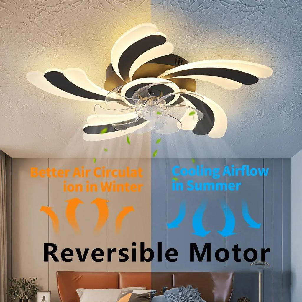 Nordic Flower Shape Black White Ceiling Fan Light LED Ceiling Lamp Remote Control Bedroom Silent Electric Fan Lamp Ventilators