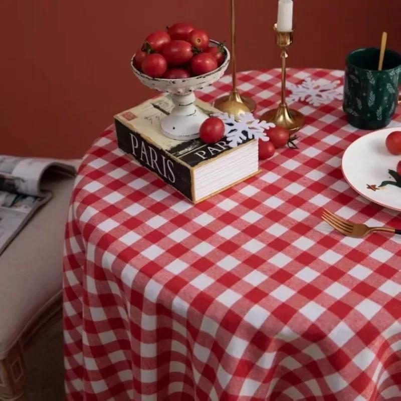 Tablecloth Party Gingham Round Picnic Birthday Cover Table Holiday Christmas Cloth Checkered White Kitchen Dining for 1pc Red