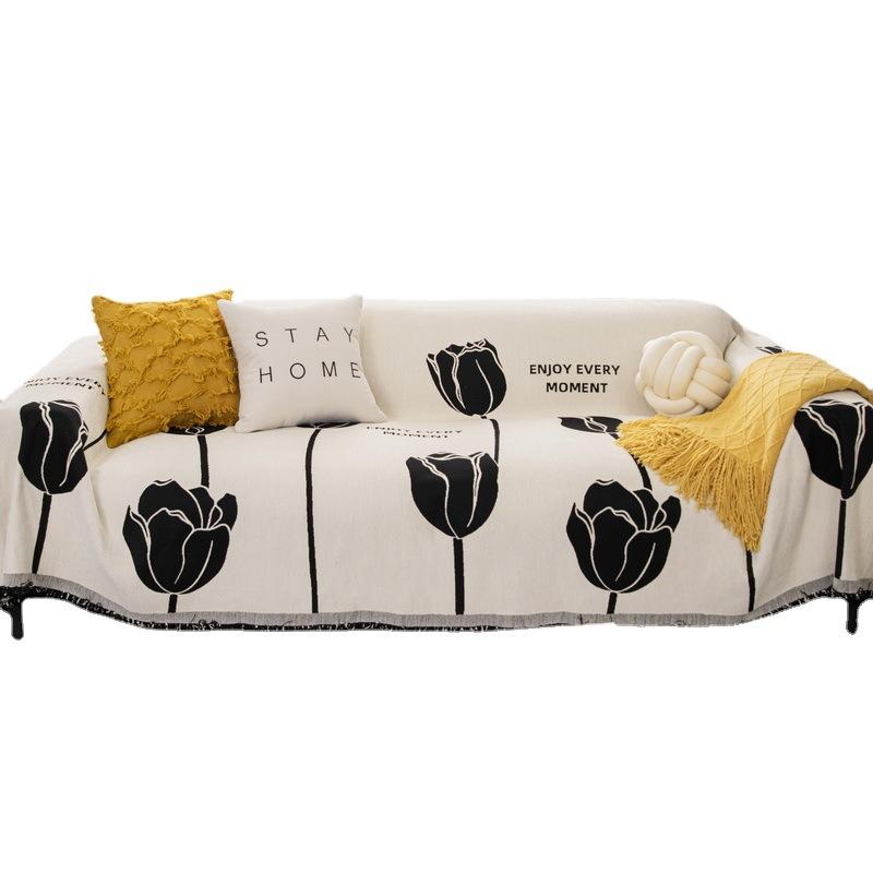 Four Seasons Universal Chenille Jacquard Double-Sided Sofa Cover Towel Nordic Black and White All-Inclusive