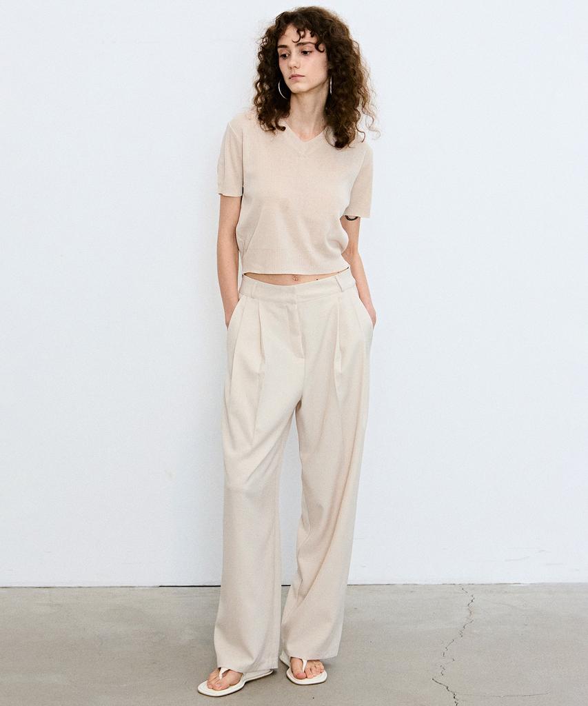Nigaennikol Minimal Long Pintuck Slacks_Light Cream