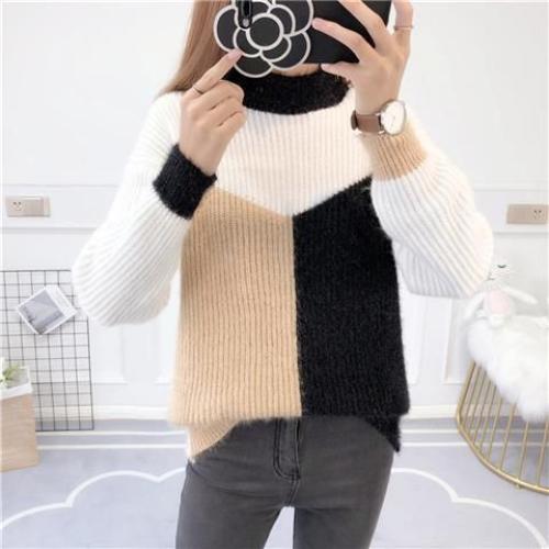 Fall/Winter Women's Color-Blocked Sweaters Loose Pullover Knitwear Half-Turtleneck Stretch Knit Sweater Jumper