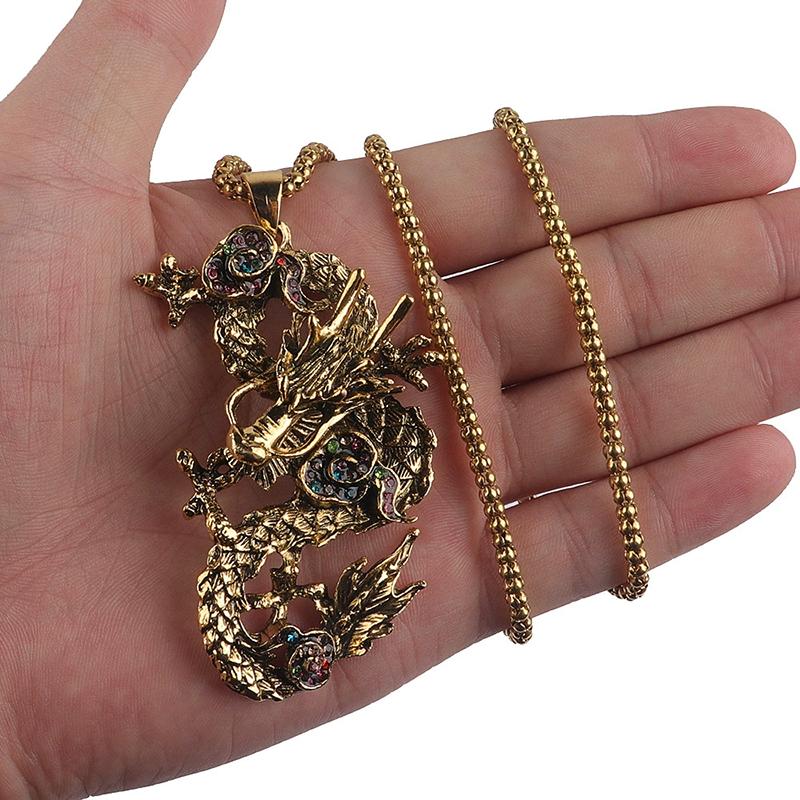 Umělecký retro přívěsek ve tvaru draka ze slitiny, dlouhý náhrdelník, zlatý/stříbrný, etnický styl, šperk s kamínky