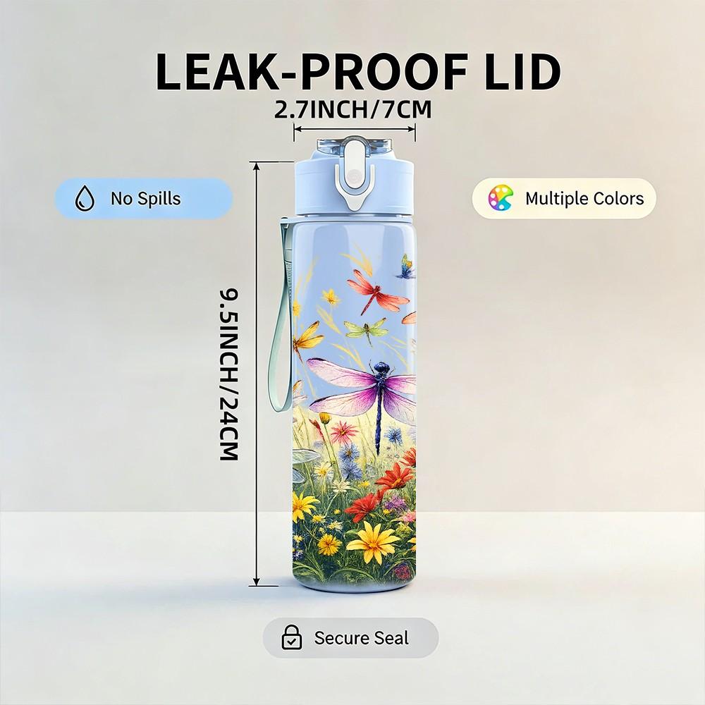 1PC Dragonfly Wildflower Meadow Print 750ml Color Plastic Sports Water Bottle Leakproof Flip Straw Lid Suitable for Sports Office Home Use