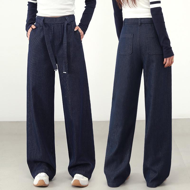 

Women s High Waist Lace-Up Glitter Denim Wide-Leg Pants - Slimming, Elastic, Straight Leg, Spring 2026 2XL синий