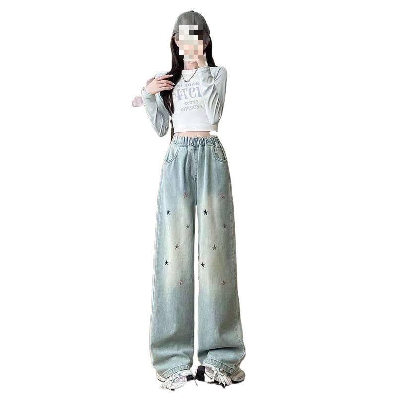 2026 Plus Size Women's Star Embroidered Denim Wide Leg Pants - Slimming, High Waist, Elastic, Loose Fit, Comfortable