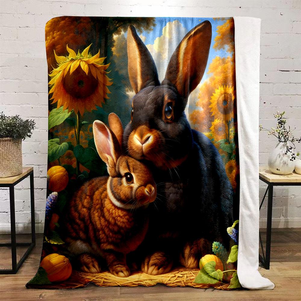 Mother and Baby Bunnies In Sunflower Field Patterned Flannel Blanket Perfect for the Bedroom Living Room, Sofa, or a Little Nap