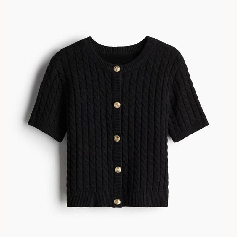 Elegant Knitted Tweed Cardigan Women Solid Single Breasted O-neck Short Sleeve Sweater Vest 2024 Autumn New Lady All-match Tops