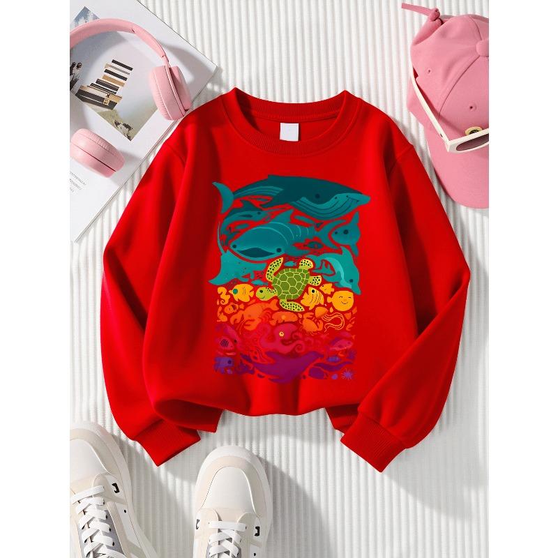 Girls Soft Crewneck SweatshirtColorful Ocean Marine Life Animal Print with Cute Creative Print, Casual All-Match for Fall Winter