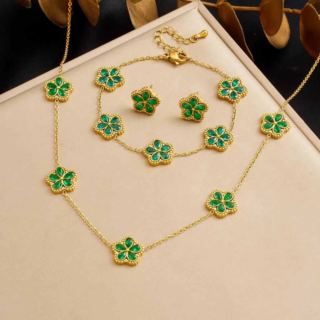 Gold-Plated Rhinestone Glass Flower Jewelry Set with Color Accents