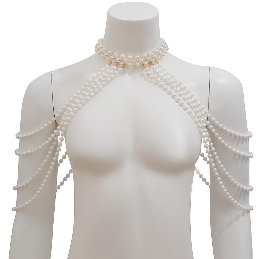 Elegant Shawl Necklace Shoulder Chain Metal Pearl Body Chain Wedding Jewelry