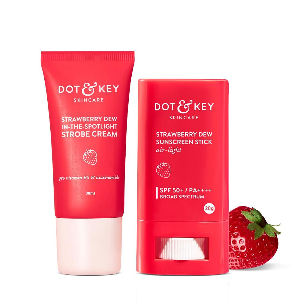 DOT & KEY Strawberry Dewy Sunscreen Stick & Strobe Cream All SkinAll Skin Combo (2 Items In The Set),50 SPF