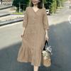 Women Casual V-Neck Solid Color 3/4 Sleeve Loose Dress