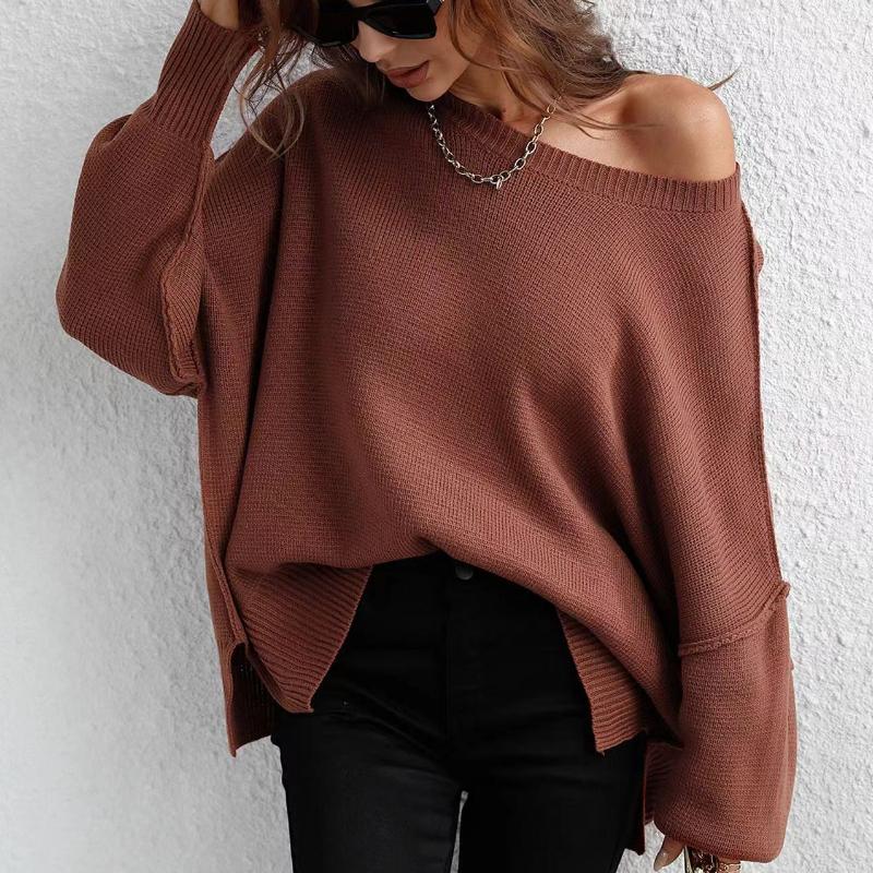 IHUASU Autumn and Winter Fashion Women's O-Neck Knit Loose Split Pullover Sweater