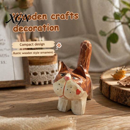 Unique Handcrafted Cat Decor Tabby Wood Figurine with Painting, Hand Carved Basswood Decorative Car Accessories Statue, Animal Art Ornament