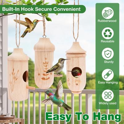 3 Pcs Hummingbird House Wooden Hanging Bird House with String Handmade Nest Wild Bird House for Outdoor Yard Garden Decoration