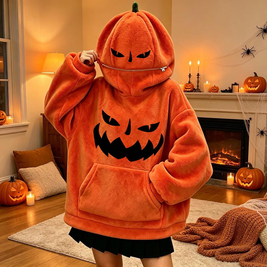Pullover Hoodie mit Kürbisdruck für