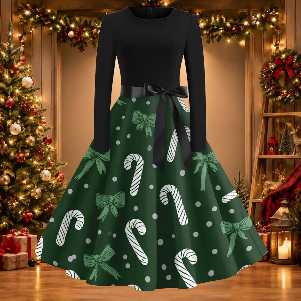 Women's Casual Christmas Print Neck Vintage Dress for Holiday Party