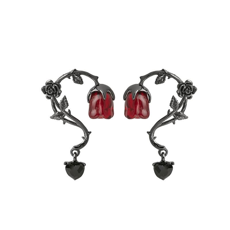 Witch Dark Thorn Vine Red Rose Blossom Earrings for Women Fashion Party Jewelry Accessories Black Rose Dangle Earrings Halloween