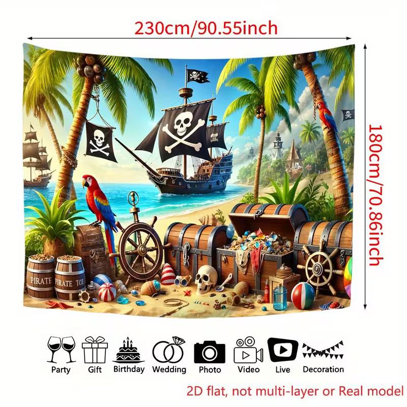 Vinyl Pirate Beach Backdrop - Pirate Ship, Parrot & Treasure Chest Photography Background