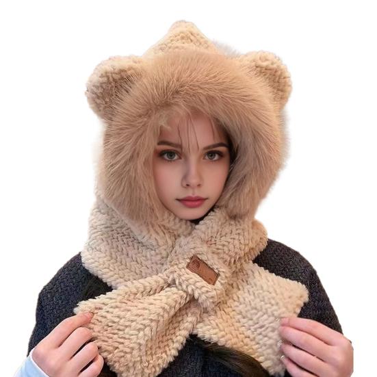 Women Winter Integrated Hat And Scarf Thick Fleece Warm Cartoon Fox Ear Decor Windproof