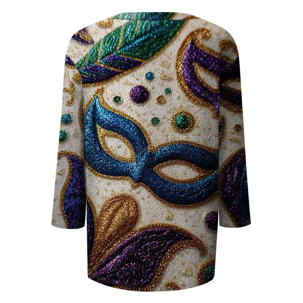 Top de Cuello con Estampado de Carnaval de Manga Tres Cuartos Casual y a la Moda para Mujer