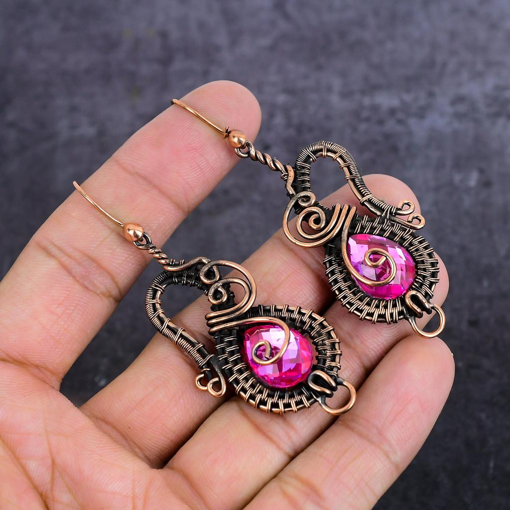 Natural Pink Rubillite Gemstone Copper Wire Wrap Jewelry Earring 2.88" C6j18