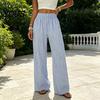 Breathable Summer Pants Women Striped Wide Leg Pants, Elastic Waist Casual Trousers Trousers, Loose Fit Palazzo with Pockets Lightweight