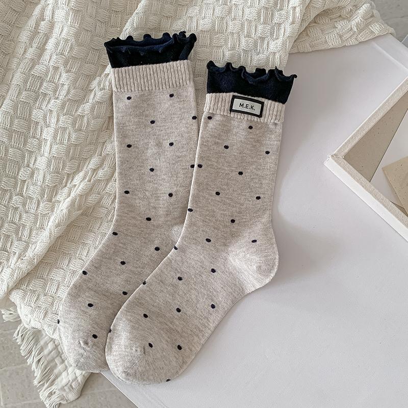 Womens Polka Dot Mid Crew Socks Ballet Style Delicate Lace Edging and Ruffle Trim Fashion Woven Label Simple Design Socks