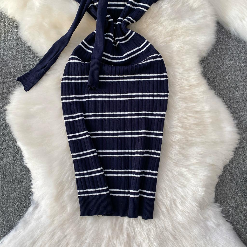 Sommer Damen Casual Kurzarm Gestreifter Strickpullover Mini Etuikleider mit Schal