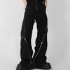 Trendy Brand Men Black Zipper Design Slit Slightly Flared Pants Vertical Feeling Straight Casual Pants Retro Trousers