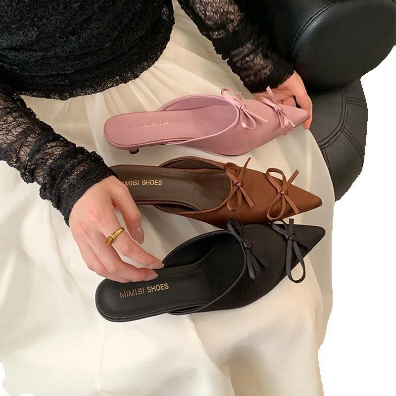 Fashion Fashion Butterfly-Knot Ladies Thin Heels Shoes Pointed Toe Pumps Slides Footwear Women Medium Heels Female Slippers Mules 2025