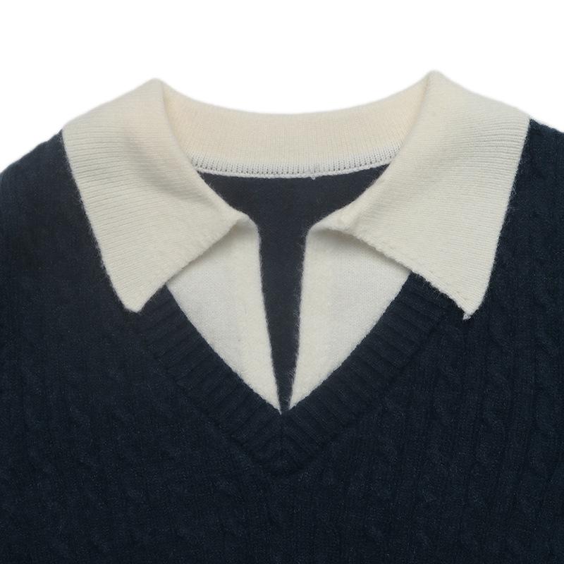 European 2026 Autumn/Winter Women's Polo Collar Knit Sweater - Simple Commuting Style, Fake Two-Piece Design