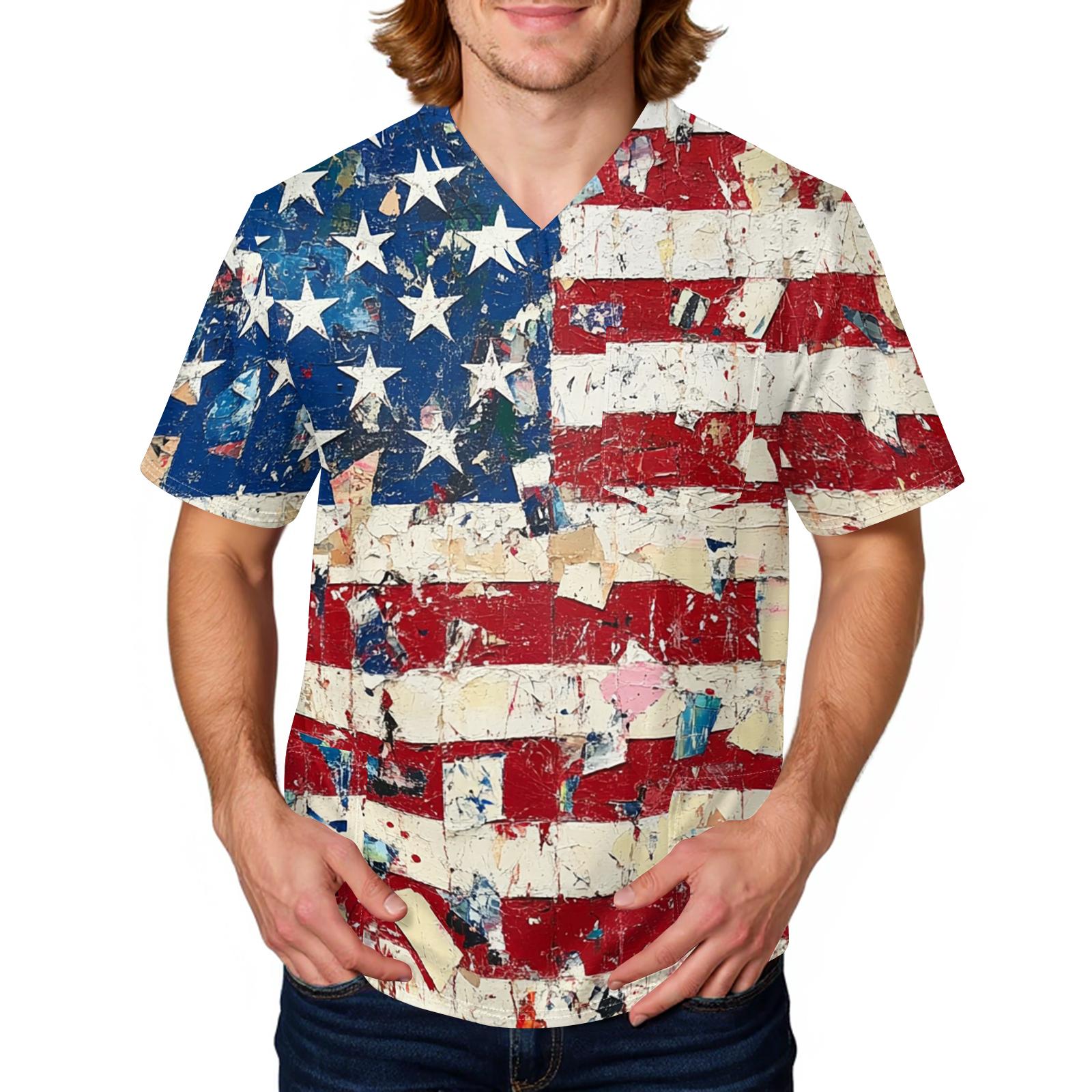 Men s casual personalized flag print shirt - Men s V-neck with large pocket protective work uniform short sleeves M