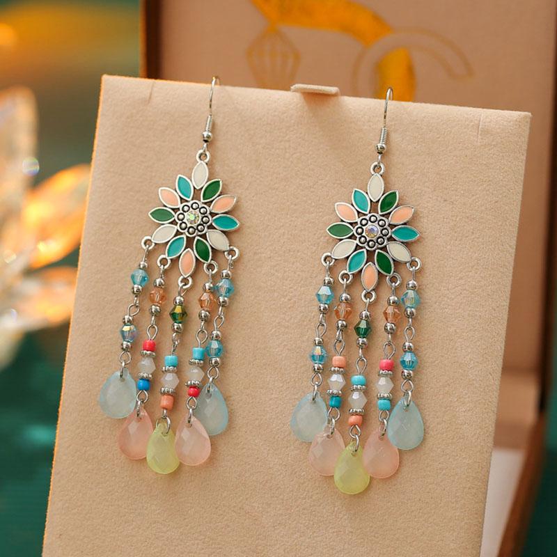 Bohemian Ethnic Style Earrings for Women Long Vintage Drop Glaze Rice Bead Water Drop Earrings Vacation Party Wedding Jewelry