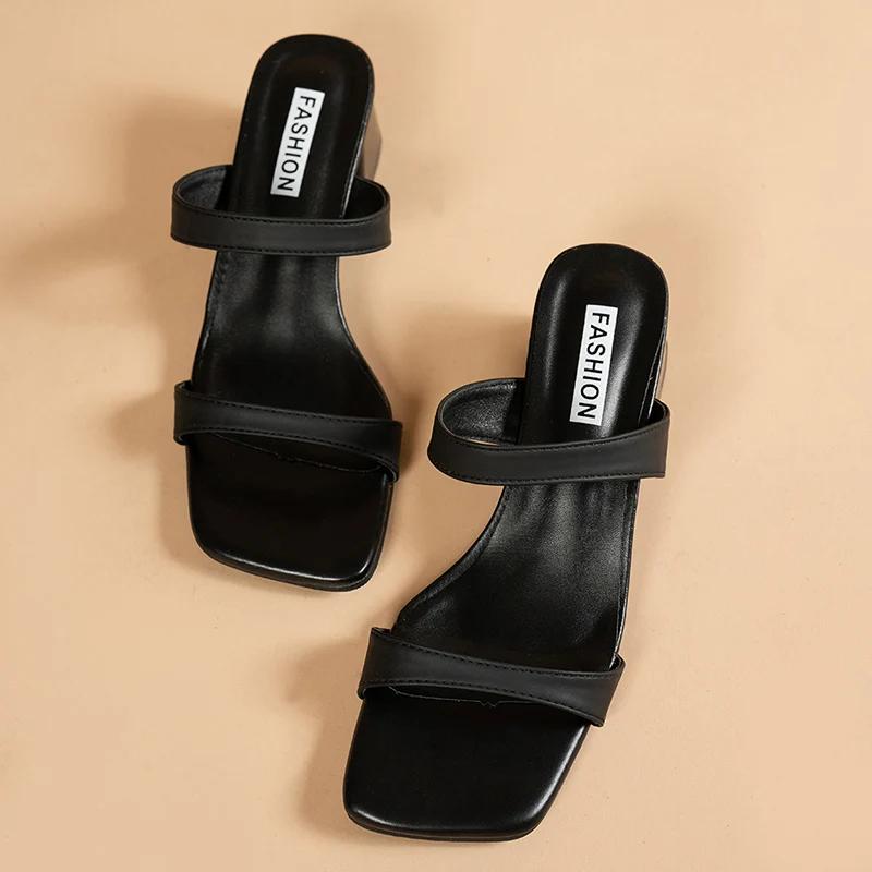 Fashion Classic Square Toe High Heeled Sandals Women Fashion Plus Size 35-42 Thick Heel Slippers Woman One Strap Summer Sandles Female