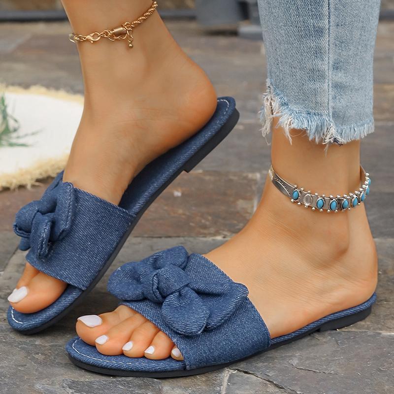 Fashion Bowtie Decor Denim Flat Slippers for Women 2025 Summer Comfort Light Beach Shoes Woman Plus Size Soft Sole Non Slip Casual Shoes