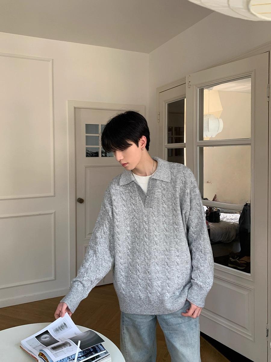 Men s Korean Style Two-Piece Look Lapel Knit Pullover: Trendy Loose-fitting Long Sleeve Sweater for Autumn/Winter XL