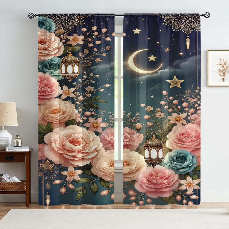 2PCS Deep Blue Starry Moon Lantern Floral Curtains   Festive Style   Bedroom and Living Room   Drawbar Pocket Style