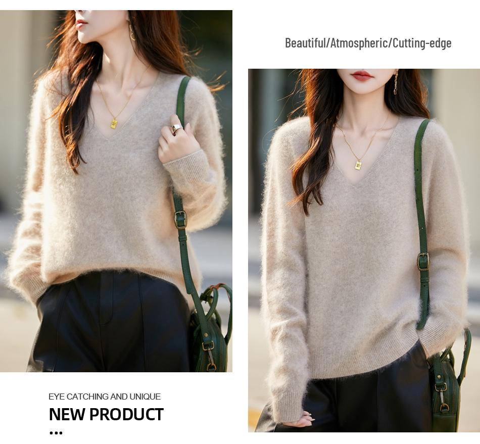 Women's V-Neck Cashmere Wool Pullover Sweater - Seamless, Brushed Knit, Long Sleeve for Autumn/Winter