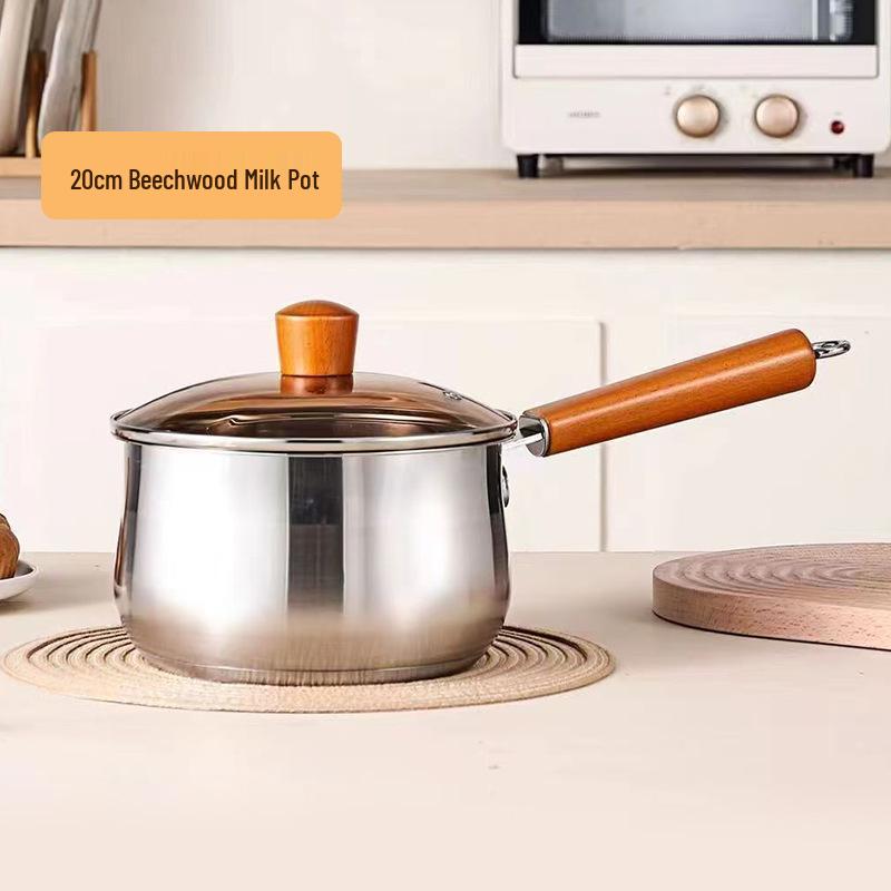 Beech Wood Handle Cookware Set: 5PC Stainless Steel Pot Set with Milk Pot, Double-Ear Soup Steamer, and Gift-Ready Packaging.