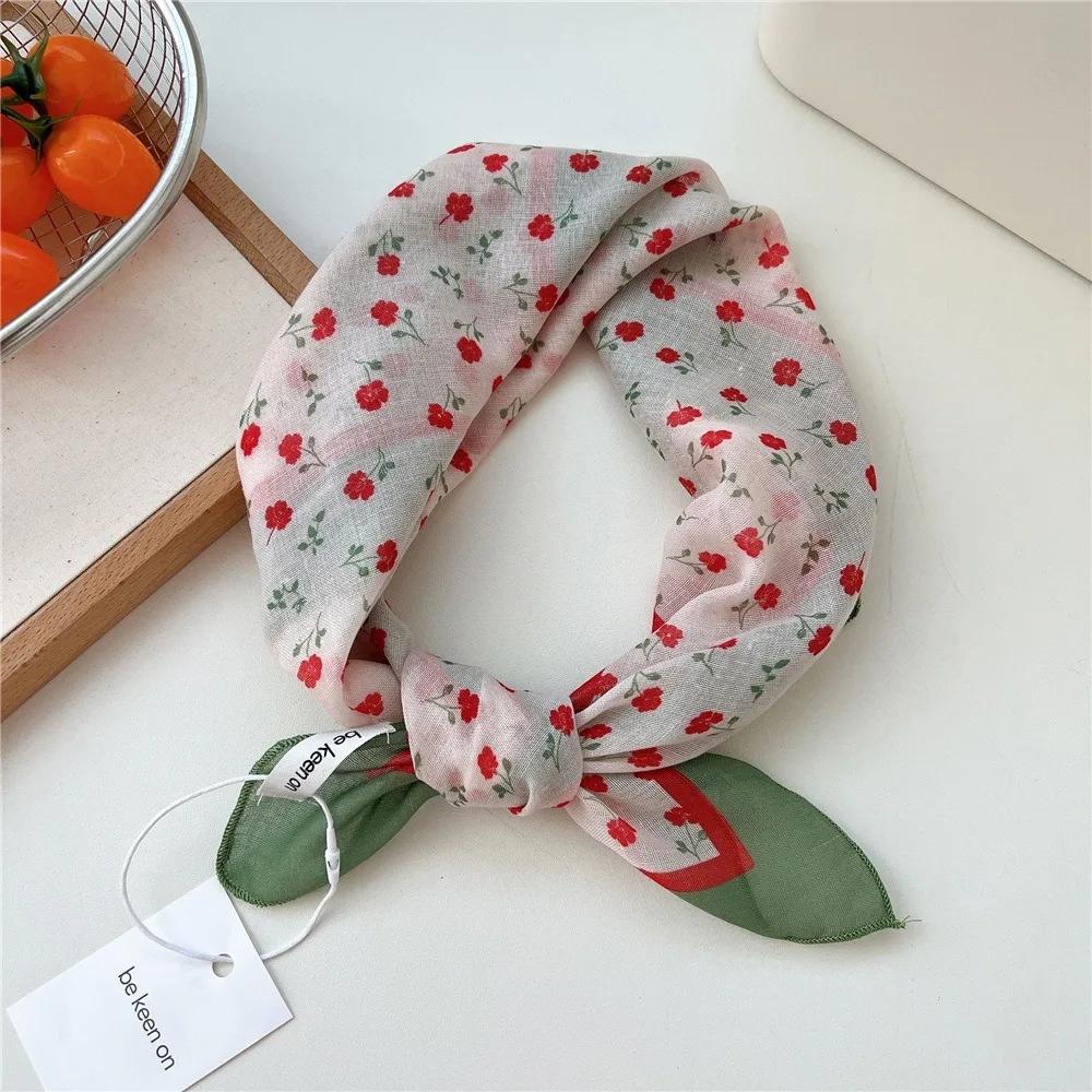 Fashion Floral Print Square Scarf Soft Handkerchief Women Hair Scarf Cotton Linen Head Scarfs Ladies Neck Scarves Summer Autumn