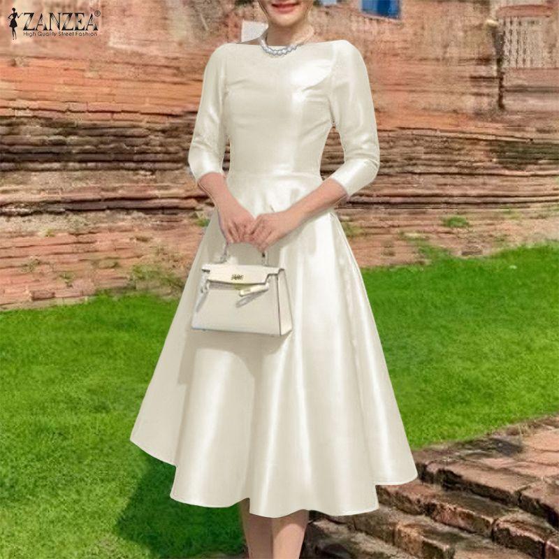 ZANZEA Women Casual Round Neck 3/4 Sleeve Elegant A-Line Dress