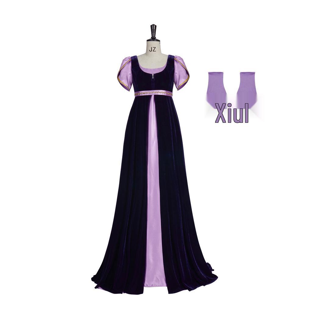 

Bridgerton Inspired Gold Velvet Two-Piece Medieval Gown with Long Skirt for Stage Performance XXXL фиолетовый