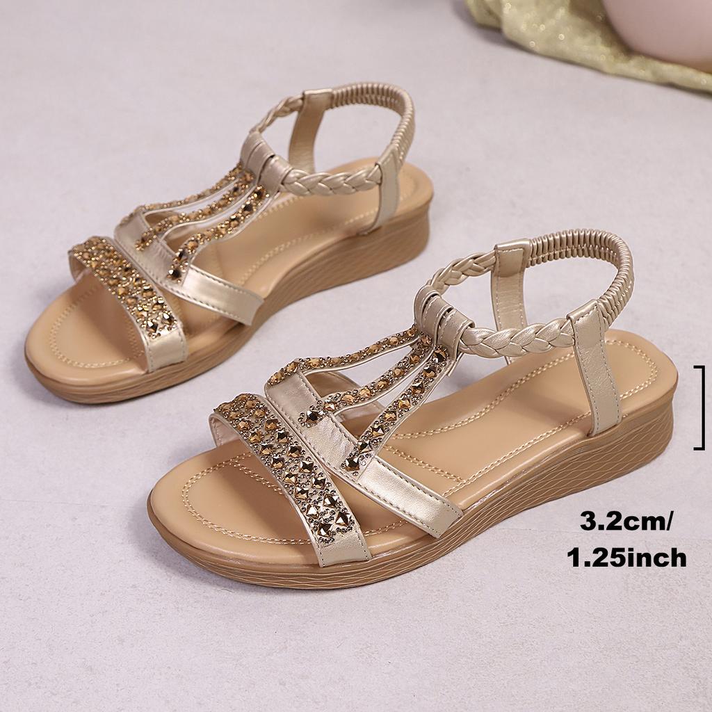 Fashion Bohemian Rhinestone Soft-soled Sandals for Women's Fashion Wear with Wedge Heels and Versatile Flat Beach Shoes