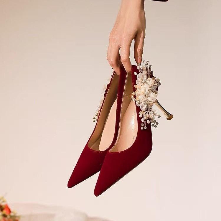 Fashion French-style Water Diamond High Heels for Women, 2025 New Floral Champagne Color, Non-tiring Wedding Shoes