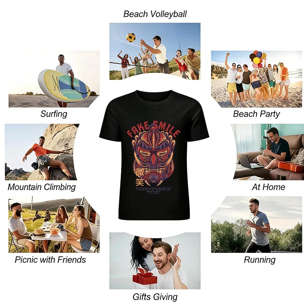 Vintage Japanese Fake Smile Mask Graphic Cool Casual Crewneck Top Pure cotton T-shirt