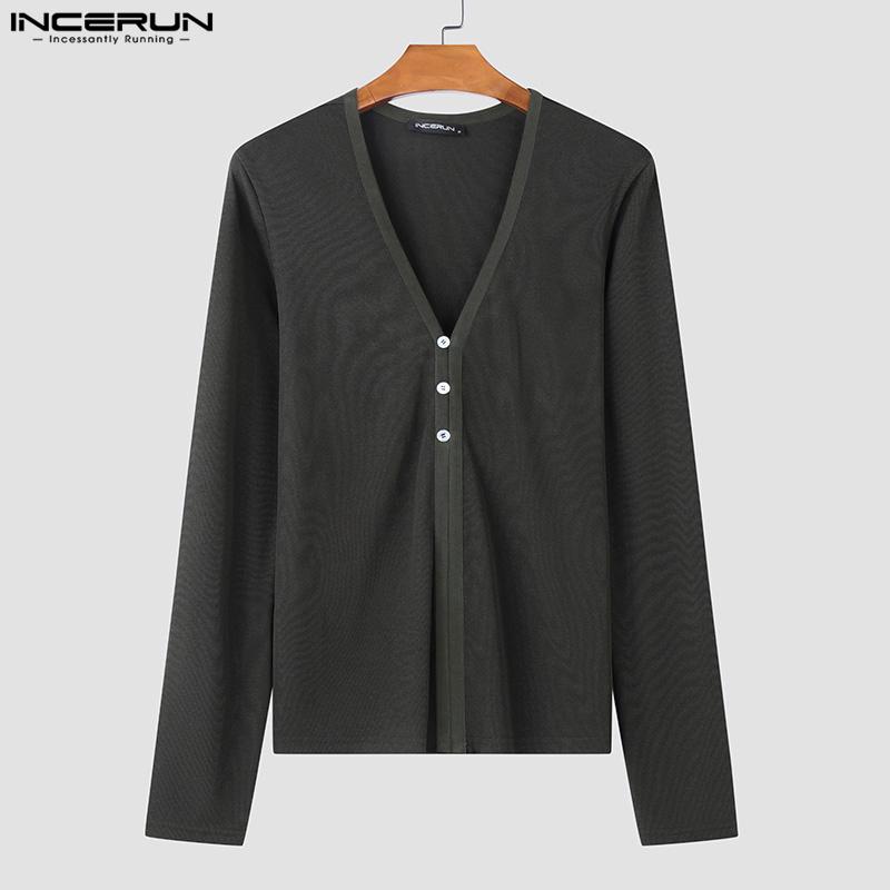 INCERUN Men V Neck Long Sleeve Buttons Rib Casual Fitted Tops T-shirts Undershirts