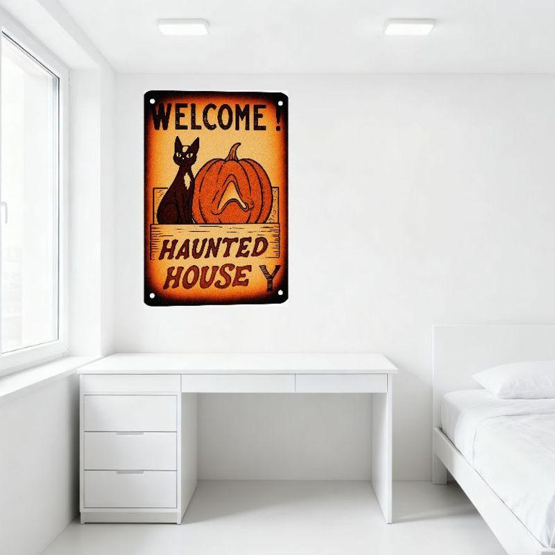 Vintage Halloween Haunted House Metal Sign - Welcome! Black Cat & Orange Pumpkin On Wooden Crate Tin Sign for Bar Pub Home Wall